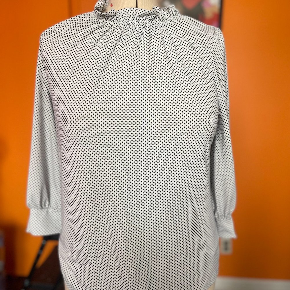 Adriana Papell light ruffle collar white black dot casual work wear
